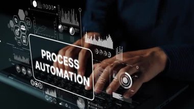 Bilgisayarda İşletme Teknolojisi için Görüntü Yöntemi Otomasyon Konsepti ve Dijital Veri Görselleri içeren Grafikler yazan eller. Asemptotik akıllı veri analitiği.