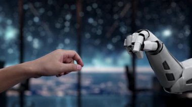 Robotik bir ele uzanan insan eli, insan zekası ile yapay zeka arasındaki işbirliğini simgeler. Auvana