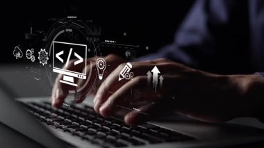 Kodlama sembolleri, web geliştirme süreci, web geliştirme arayüzü ve web geliştirme araçlarını içeren modern web geliştirme kavramı. Muxer