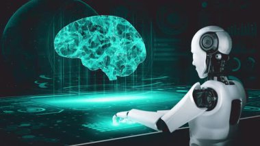 Robot hominoid use laptop and sit at table in concept of AI thinking brain , artificial intelligence and machine learning process for the 4th fourth industrial revolution . 3D rendering.