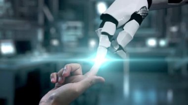 Robot ve insan eliyle insan anatomisi ikonunu işaret ediyor. Robot el ve insanın birlikte çalışırken röntgen hologramıyla bulanık labaratuvarı işaret etmesine yakın çekim. Sağlıklı..