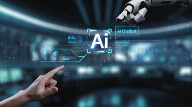 Bu resim, modern dijital çalışma alanı içindeki insan-teknoloji etkileşimini vurgulayan, bir ekrana doğru uzanan robotik bir elin yer aldığı fütürist bir yapay zeka sohbet robotu arayüzü sergiliyor. Auvana