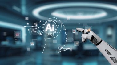 Bir robotik el dijital bir arayüzle etkileşime girer, yapay zeka kavramları sergiler, akıllı teknolojinin ve iş ortamlarında otomasyonun geleceğini temsil eder. Auvana