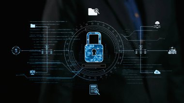 Bu resim, günümüz siber ortamında veri koruması ve şifrelemenin önemini gösteren yüksek teknolojili bir arayüz içinde dijital bir asma kilit sembolü gösteriyor. Dörtgen