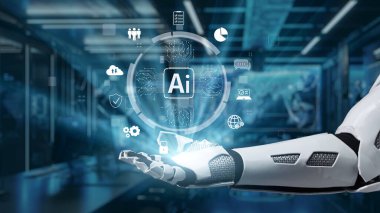 Fütürist robotik el, canlı dijital grafiklerle donatılmış yüksek teknolojili bir ortamda suni zekayı temsil eden çeşitli ikonlar sergiliyor. Teknolojiyle ilgili konular için mükemmel. Auvana