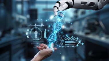 Robot ve insan elini uzatıyor ve yüzen DNA hologramıyla işaret ediyor. Bulanık laboratuvar geçmişini işaret ederken robot el ve insanın birlikte çalışmasını kapat. Sağlıklı..