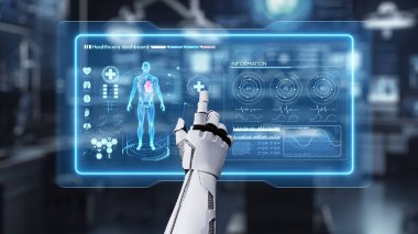 İnsan anatomisine tıklayarak tıbbi verilere ya da teşhislere ulaşın. Semptomu analiz ederken X ışını hologramında robot el kontrolü. Sağlıklı..