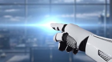 Robot bir el, gösterişli bir ofis ortamındaki teknoloji ve otomasyondaki gelişmeleri temsil eden çeşitli simgelerle dolu dijital bir arayüzü işaret ediyor. Auvana