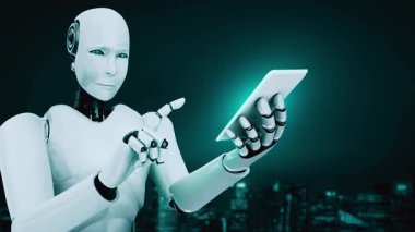 Robot hominoid use mobile phone or tablet for big data analytic using AI thinking brain , artificial intelligence and machine learning process for the 4th fourth industrial revolution . 3D rendering.