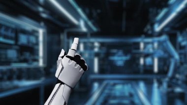 Tıbbi verilere ya da teşhis semptomlarına ulaşmak için robotik el işaretlerini kapatın ve tıbbi çapraz holograma tıklayın. Yapay zeka semptomları analiz ederken robot el çapraz kontrol yapıyor. Sağlıklı..