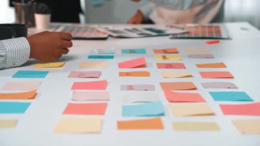 Ofis ortamının işe alınması, çeşitli takımların beyin fırtınası ve proje planlaması, yaratıcılığı ve modern sektörde işbirliğini teşvik etmek için renkli yapışkan notlar kullandıklarını gösteriyor. SACTR