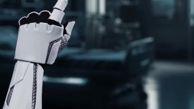 Tıbbi verilere ya da teşhis semptomlarına erişmek için robot ellerle DNA hologramına tıklayın. Yapay zeka semptomları analiz ederken genetik simülasyonda robot el kontrolü. Sağlıklı..