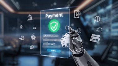 Güvenli ödeme işlemleri için dijital arayüz kullanan bir robot elin çarpıcı bir temsili modern dünyada teknoloji ve finans kavşağını yansıtıyor. Auvana