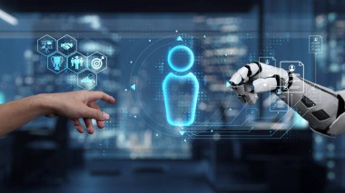 Bir insan eli modern bir dijital ortamda robot bir ele uzanıp teknolojinin, yeniliğin ve insan-robot etkileşiminin geleceğini gözler önüne seriyor. Auvana