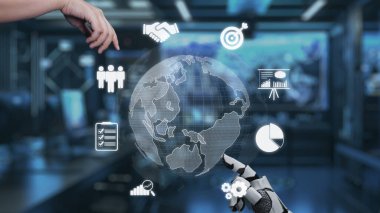 İnsanlar ve makineler arasındaki işbirliğinin yaratıcı bir temsili, iş simgeleriyle dolu dijital bir kürede el sıkışmaya hazır robot bir el ve insan elini gösteriyor. Auvana