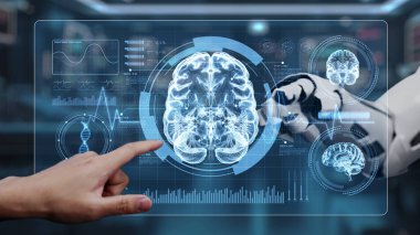 Robot ve insan elini uzatıyor ve parmağıyla beyin simgesini havada yüzdürüyor. Laboratuvar geçmişi bulanıklaşırken robot el ve insanın birlikte çalışmasını engelle. Sağlıklı..