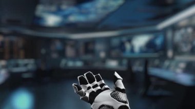 Robotik bir el dijital simgelerle dolu parlayan bir buluta doğru uzanır, gelecekçi teknoloji ortamında veri yükleme ve bağlantıyı sembolize eder. Auvana