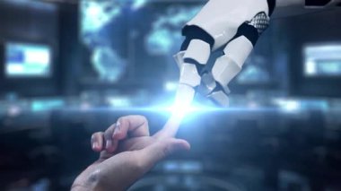 Bir insan eli modern bir ofiste robot kola uzanıyor, yapay zeka ve dijital elementlerle insan etkileşimi arasındaki bağlantıyı gösteriyor. Auvana