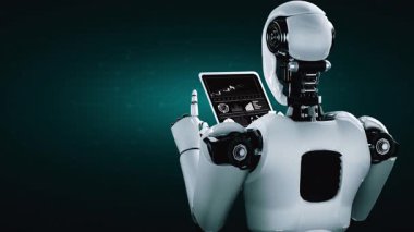 4. endüstriyel devrim için yapay zeka ve makine öğrenme süreci kavramında tablet bilgisayar kullanan robot hominoidler. 3B görüntüleme.