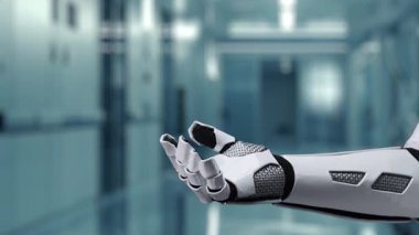 Robotun elini kapat, avuç içini aç ve kalp hologramı yüzsün. Tıbbi verilerle teşhis koymaya bağlıyken kalp hologramını gösteren ve tutan eller. Genetik konsept. Sağlıklı..