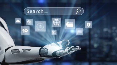 Gelecekçi bir robot el, yüksek teknolojili şehir ortamında yenilik ve iletişimi sembolize eden çeşitli teknoloji simgeleriyle dijital bir arama arayüzü sergiler. Auvana