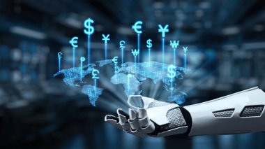 Fütürist bir robotik el, yüksek teknoloji ortamında dijital bir dünya haritasının üzerinde yüzen para birimi sembolleri sergiliyor ve finans ve teknolojideki yenilikleri vurguluyor. Auvana