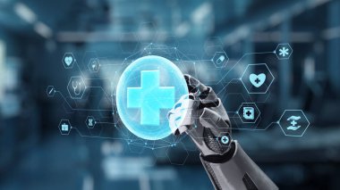 Robotik el işaretini kapat ve bulanık laboratuvar geçmişine sahip çapraz holograma dokun. Tıbbi verilere erişmek ve onları teşhis etmek için robot el tıklaması. Sağlıklı..