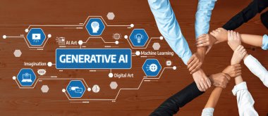 Üretken yapay zeka konsepti etrafında dinamik takım çalışması yaratıcılık, yenilik ve dijital sanat sergiliyor. Teknoloji ve tasarım alanındaki işbirliğini göstermek için ideal. Dostluk