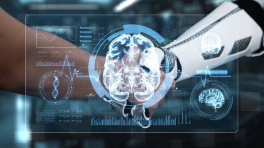 Robot el ve beyin hologramıyla insan eli sıkışıyor. Yapay zeka ve insanın birlikte çalışması ya da bulanık laboratuarlı beyin hologramıyla anlaşma yapması. Takım çalışması. Sağlıklı..