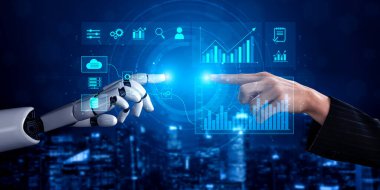 Bulut ve veritabanından iş görüşleri ve performans izleme için otomatik analitik gösterge paneline kusursuz veri entegrasyonunu gösteren yapay zeka arayüzü