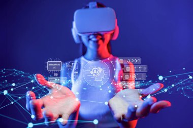 Yapay zeka sanal asistanı Chatbot ile yapay zeka konsepti ile insan etkileşimi, yapay zeka mühendisliği, LLM yapay zeka derin öğrenimi iş desteği için üretken yapay zeka kullanımı. FaaS