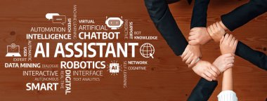 Yapay zeka asistanlarının modern işyerlerindeki önemini vurgulayan takım çalışmasının görsel bir temsili, işbirliği, otomasyon ve yenilik gibi kavramları gözler önüne seriyor. Dostluk