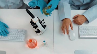 Bilimsel uzmanlığa, laboratuvar ekipmanlarına ve yenilikçi tıbbi biyoteknoloji yazılımına sahip laboratuvar sağlık araştırma ekibi yeni ilaçlar araştırıyor, tedavi geliştiriyor. Ağır çekim. Katı.