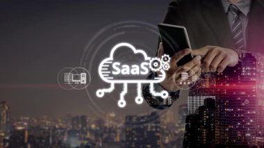 SaaS 'ın dijital ortamda altyapı, SaaS konuşlanma, SaaS platform özellikleri ve SaaS entegrasyon modelini gösteren görsel temsili. Muxer