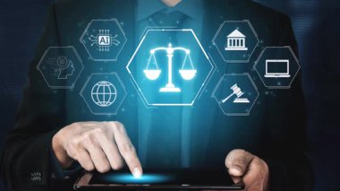 Adalet ölçeğini gösteren fütürist dijital hukuk arayüzü, dijital hukukun altını çizen, AI uyumu, dijital hukuk sistemleri ve güvenli yönetim için dijital hukuk düzenlemeleri. Muxer