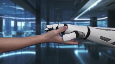 Bir insan eli, çağdaş bir ofis içinde iş ve veri yönetiminde sonsuz olasılıkları gösteren parıldayan teknoloji sembollerine doğru uzanır. Auvana