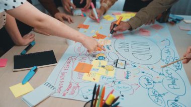 Fikirleri görselleştirmek için yapışkan notlar ve işaretleyiciler kullanarak bir masanın üzerinde renkli bir zihin haritası oluşturmak için çalışan çeşitli elleri içeren canlı bir beyin fırtınası oturumu. SACTR