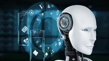 Gelecekçi robot, yapay zeka CGI büyük veri analizi ve programlama. Robot Adam 3D canlandırma .