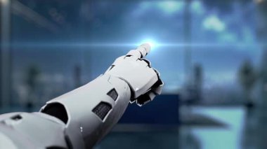 Gelecekçi bir robot holografik kullanıcı arayüzüne işaret ederek modern ofis ortamında teknolojinin ve yeniliğin bir karışımını sergiliyor ve dijital bağlantıyı sembolize ediyor. Auvana