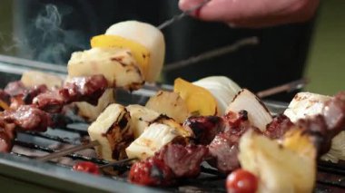 Grilled food of family celebration anniversary. Family have dinner party in garden. Outdoor camping activity relax with tasty food and spend time with cute relatives cross generation gap. Divergence.