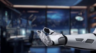 Fütüristik bir robot kolu dijital veri güvenliğini temsil eden holografik elementler sunar, parlak teknoloji ortamında ikonlar ve grafikler sunar. Auvana