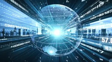 Fütürist küresel ağ ve dijital veri transferi 3D grafik. Yeni bilgi çağındaki küresel eğilimleri değiştiren akıllı dijital dönüşüm ve teknoloji bozulması kavramı .