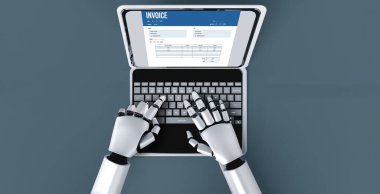 Muhasebe uygulamasından gelen fatura bilgisayar ekranında. Şirket işlerinin finans ve bütçesi için bilgisayar programı. Rahat bir şekilde. 3B illüstrasyon