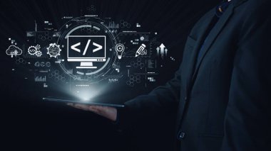 Kodlama sembolleri, web geliştirme süreci, web geliştirme arayüzü ve web geliştirme araçlarını içeren modern web geliştirme kavramı. Elide