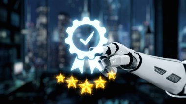 Robot bir el, teknolojideki başarıyı ve mükemmelliği simgeleyen, beş yıldızlı, parıldayan dijital bir rozet sergiliyor. Kentsel fon fütüristik temayı geliştiriyor. Auvana