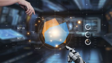 Fütürist bir dijital ortamda, teknolojinin ve analitiğin entegrasyonunu gösteren, 3D veri görselleştirmesiyle etkileşen çarpıcı bir robot elin görsel temsili. Auvana