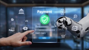 Fütürist dijital ödeme arayüzü, teknoloji ve finansmanın çağdaş iş ortamlarına entegrasyonunu vurgulayan bir insan elini robotik bir kolla etkileşime sokuyor. Auvana