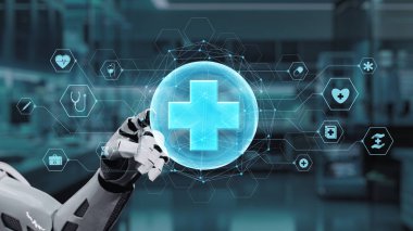 Robotik el işaretini kapat ve bulanık laboratuvar geçmişine sahip çapraz holograma dokun. Tıbbi verilere erişmek ve onları teşhis etmek için robot el tıklaması. Sağlıklı..