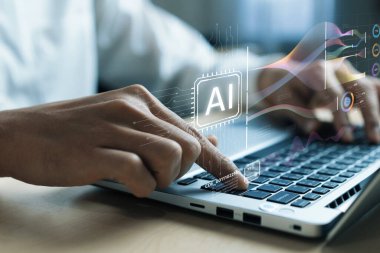 Yapay zeka grafiklerini gösteren bir dizüstü bilgisayarla etkileşime giren ellerin yakın plan görüntüsü, günümüzün teknolojik ortamında üretken yapay zeka ve büyük verilerin entegrasyonunu vurguluyor. XDMCP