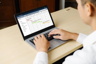 Ekip projesinin zaman çizelgesini gösteren bilgisayar ekranında, modern iş projesi yönetimi için proje planlama yazılımı